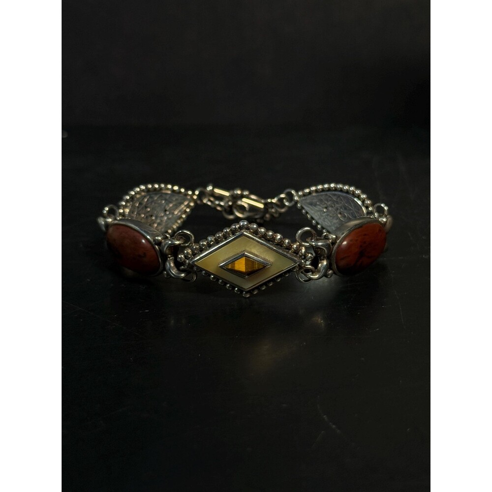 Anne Klein Sterling Silver MOP Tiger’s Eye Spiny Oyster Link Bracelet 6.5"